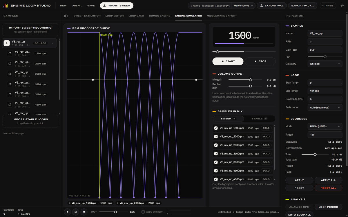 Engine Loop Studio engine simulator: RPM crossfade curves blending the extracted loops