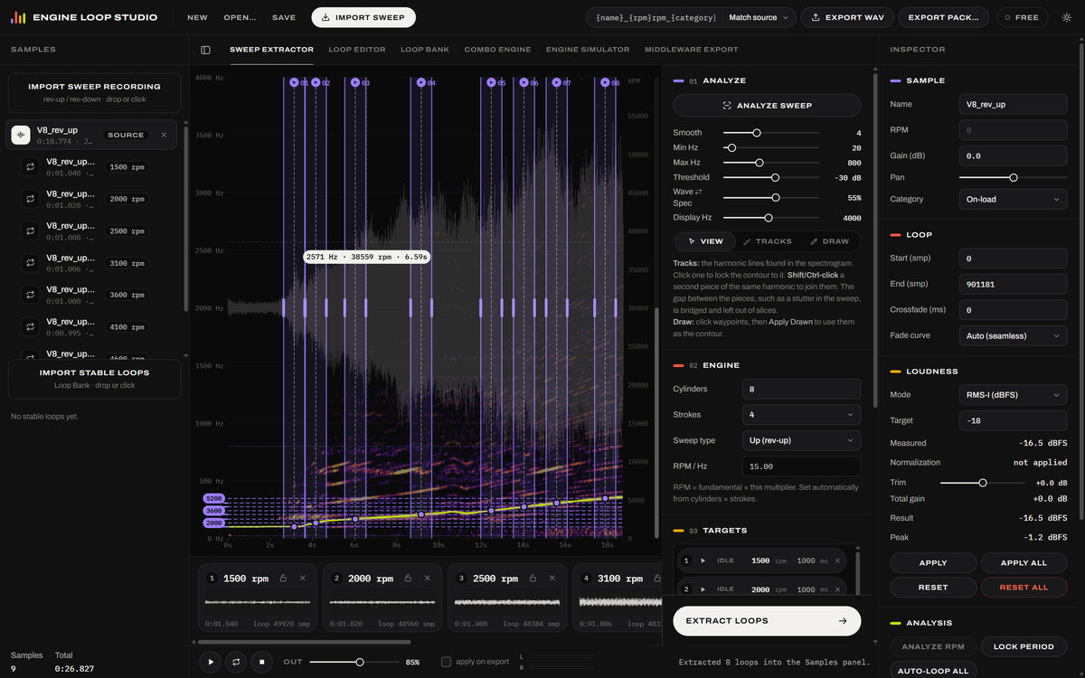 Engine Loop Studio sweep extractor: spectrogram of a V8 rev-up with the tracked RPM line and eight loop targets