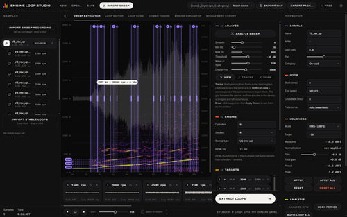 Engine Loop Studio sweep extractor: spectrogram of a V8 rev-up with the tracked RPM line and eight loop targets