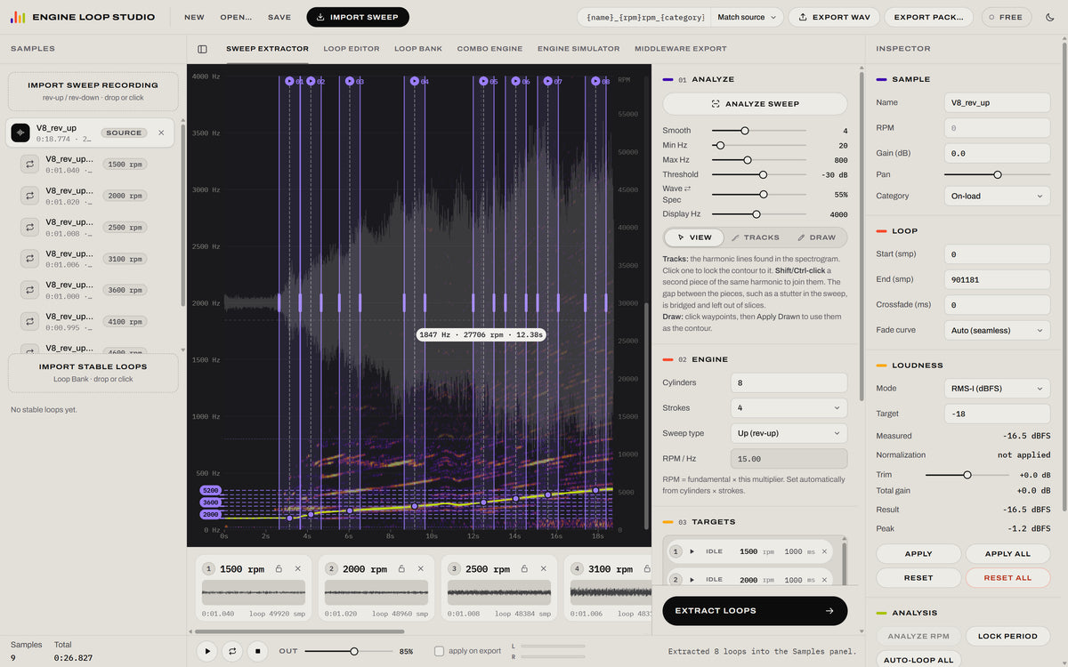 Engine Loop Studio in the light theme, extracting loops from a V8 rev-up sweep