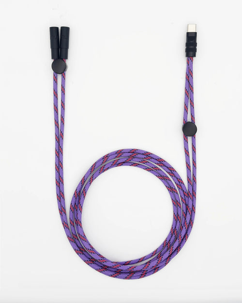 ONELAV Type-C stereo lavalier microphone in purple, coiled to show its twin capsules and USB-C plug