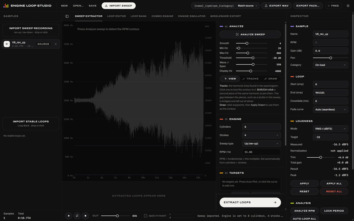 Engine Loop Studio with a V8 rev-up loaded as the source recording