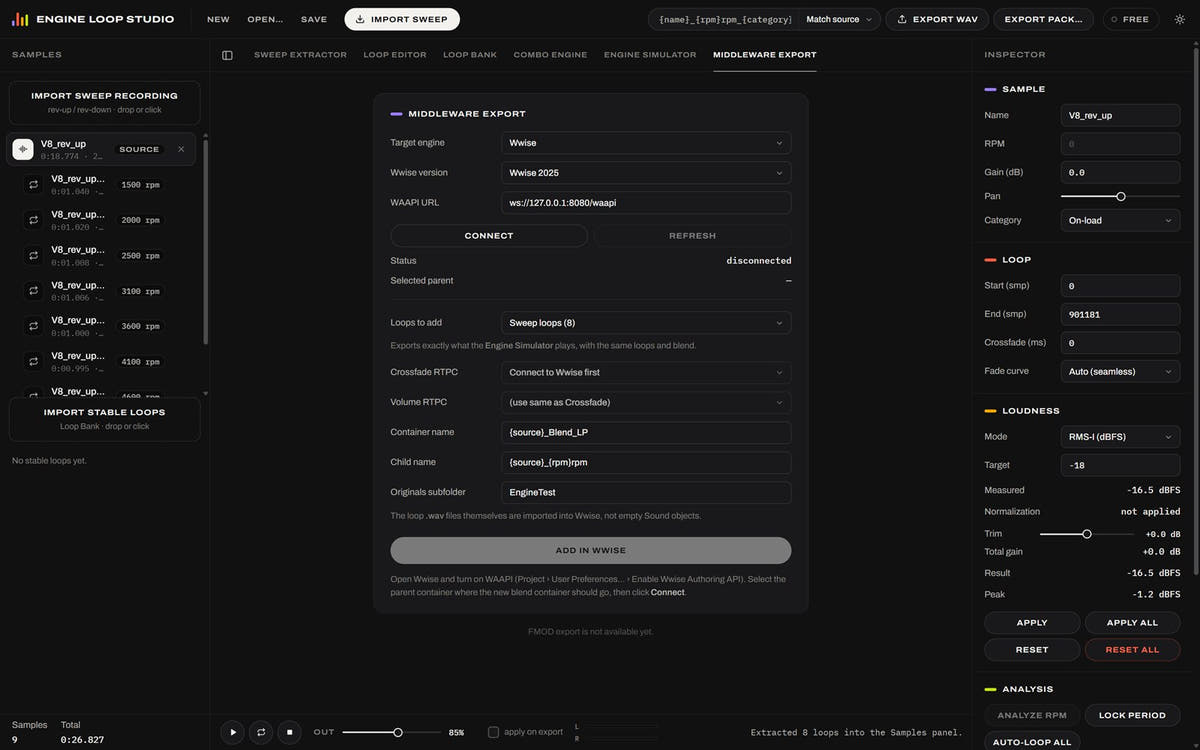 Export WAV, Export Pack and the Middleware Export panel with Add in Wwise